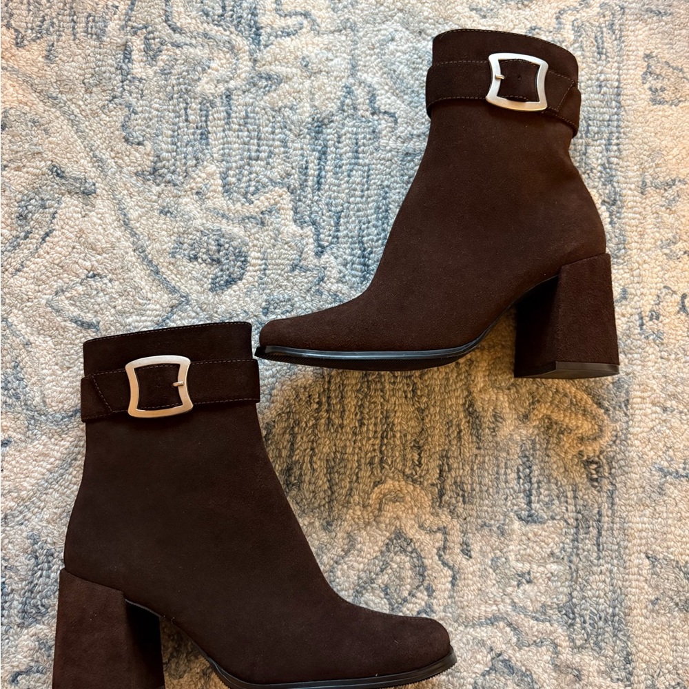 Brown Suede Heeled Ankle Boots with Buckle Detail